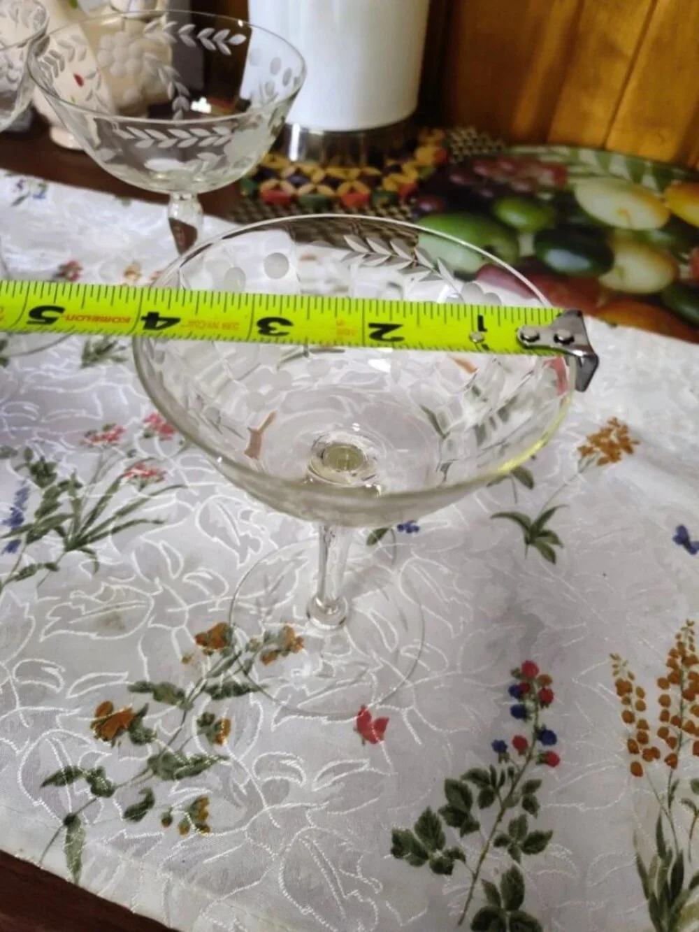 Lot of 2 Vintage Glass Champagne Couples Etched Floral & Vine Motiff